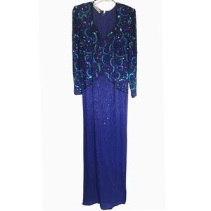 SCALA Dress Vintage Womens Purple Green Sequin Ball Gown Wedding Zippered Maxi